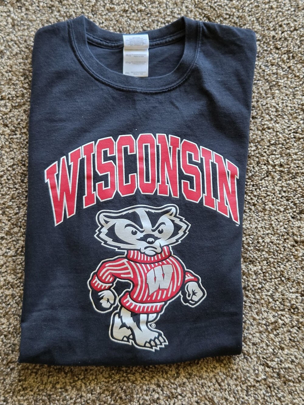 WI Badger Gildan Black T-Shirt with Red Nail Accent